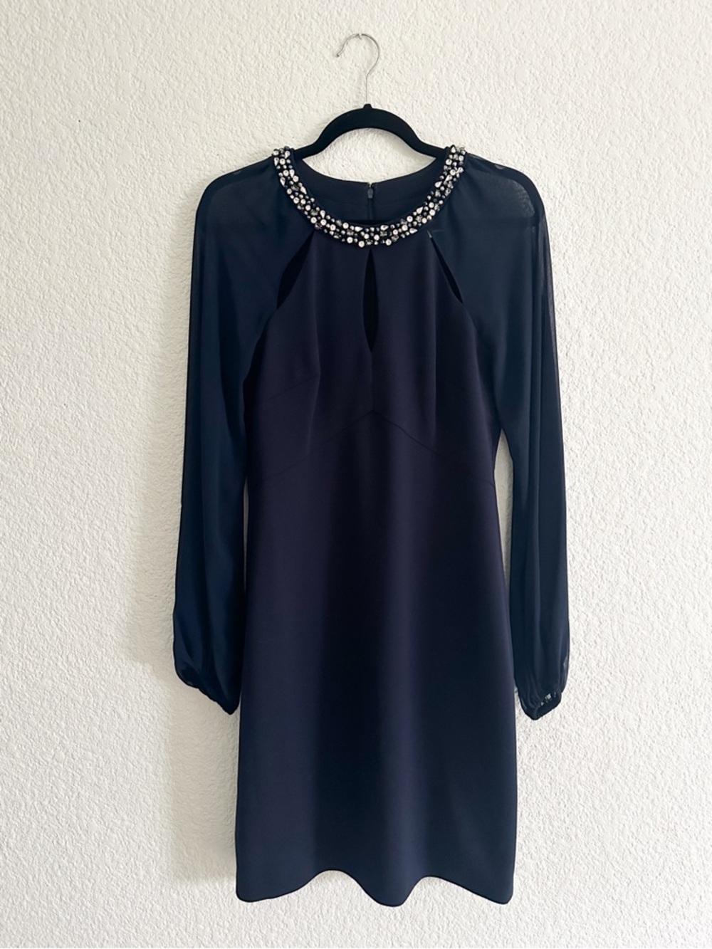 Eliza J Navy Long-Sleeve Jeweled Collar Shift Dress
